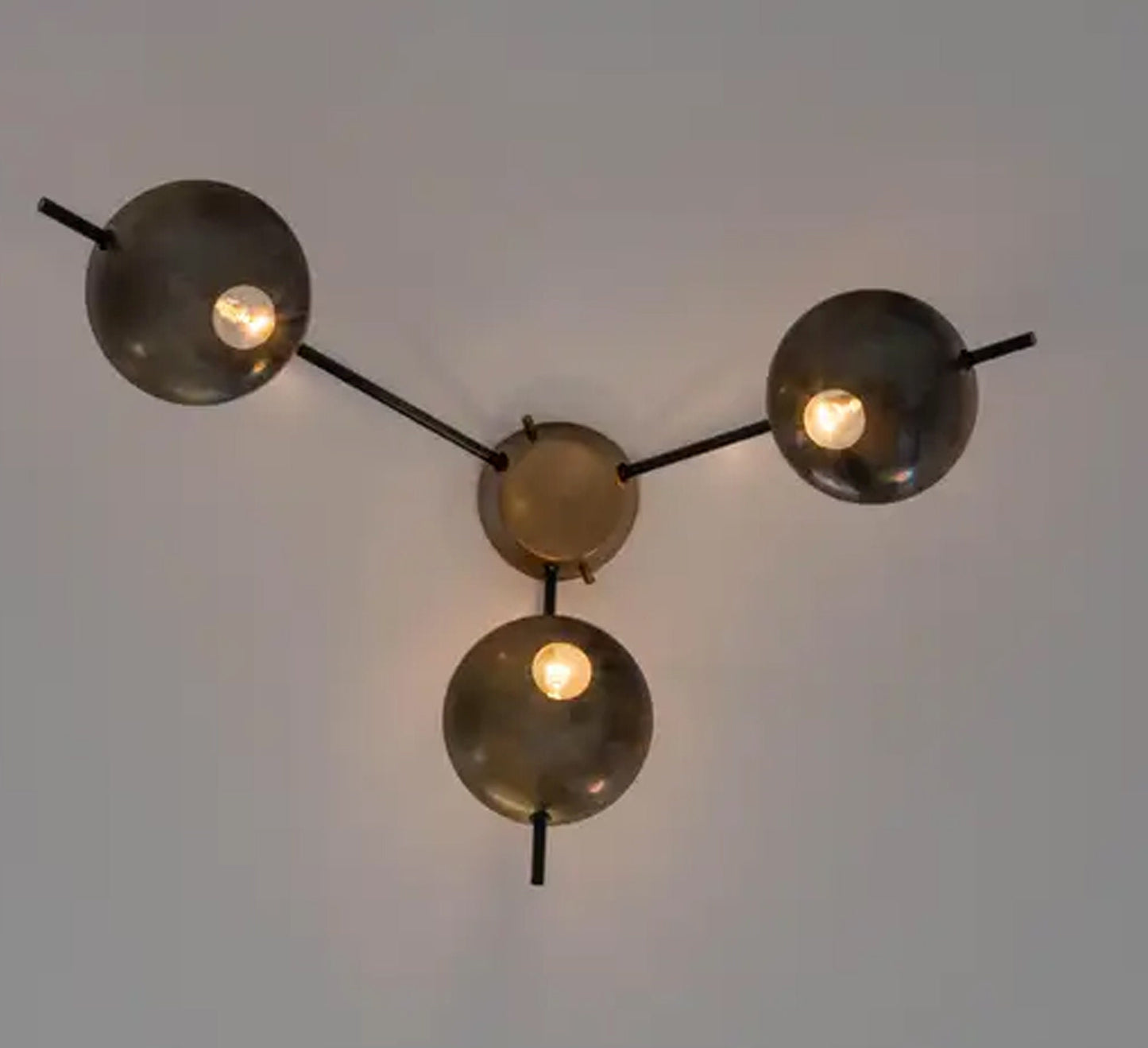 Mid century 3 Light Flush Mount, Antique Brass Italian design ceiling light fixture