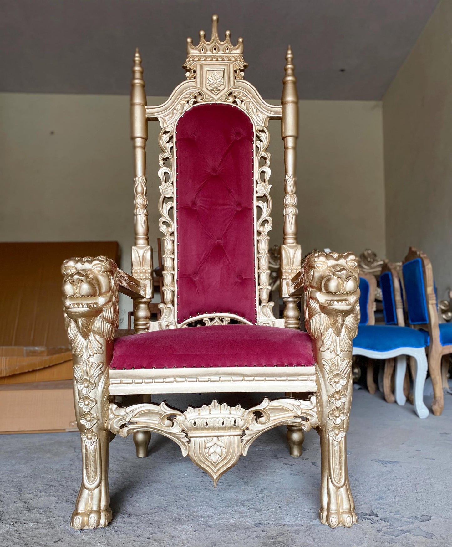 Hand Carved Gold Lion Throne Chair: Rococo Style, Tufted Cushion