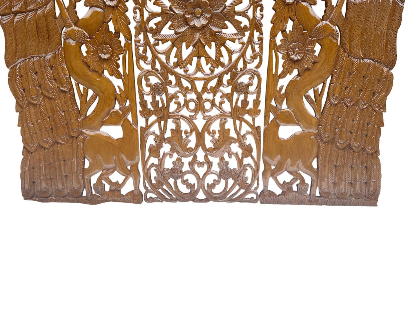 Hand Carved Wood Peacock & Flower Wall Decor - 7 ft Brown Hanging Fixture