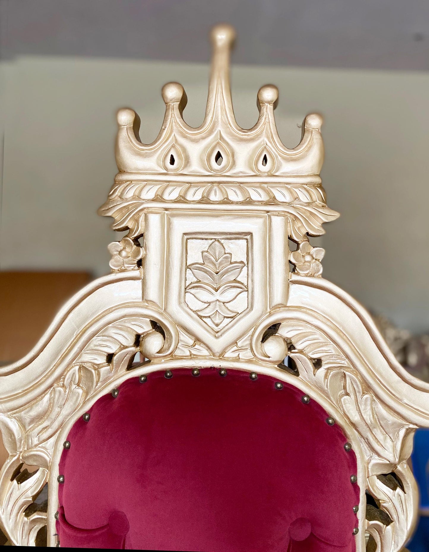 Hand Carved Gold Lion Throne Chair: Rococo Style, Tufted Cushion