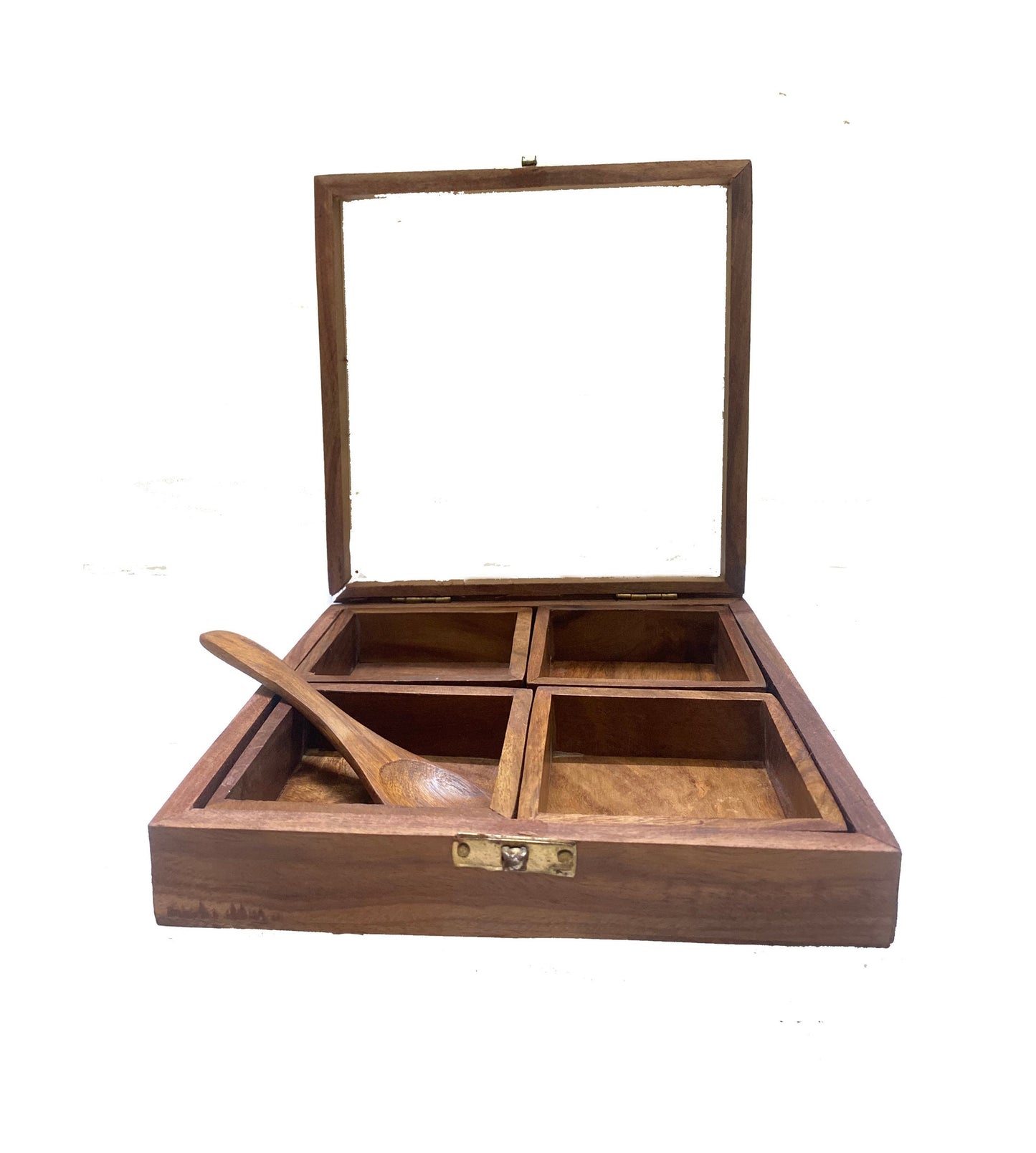 Handmade Table top box, Wooden Spice 4 container set with spoon