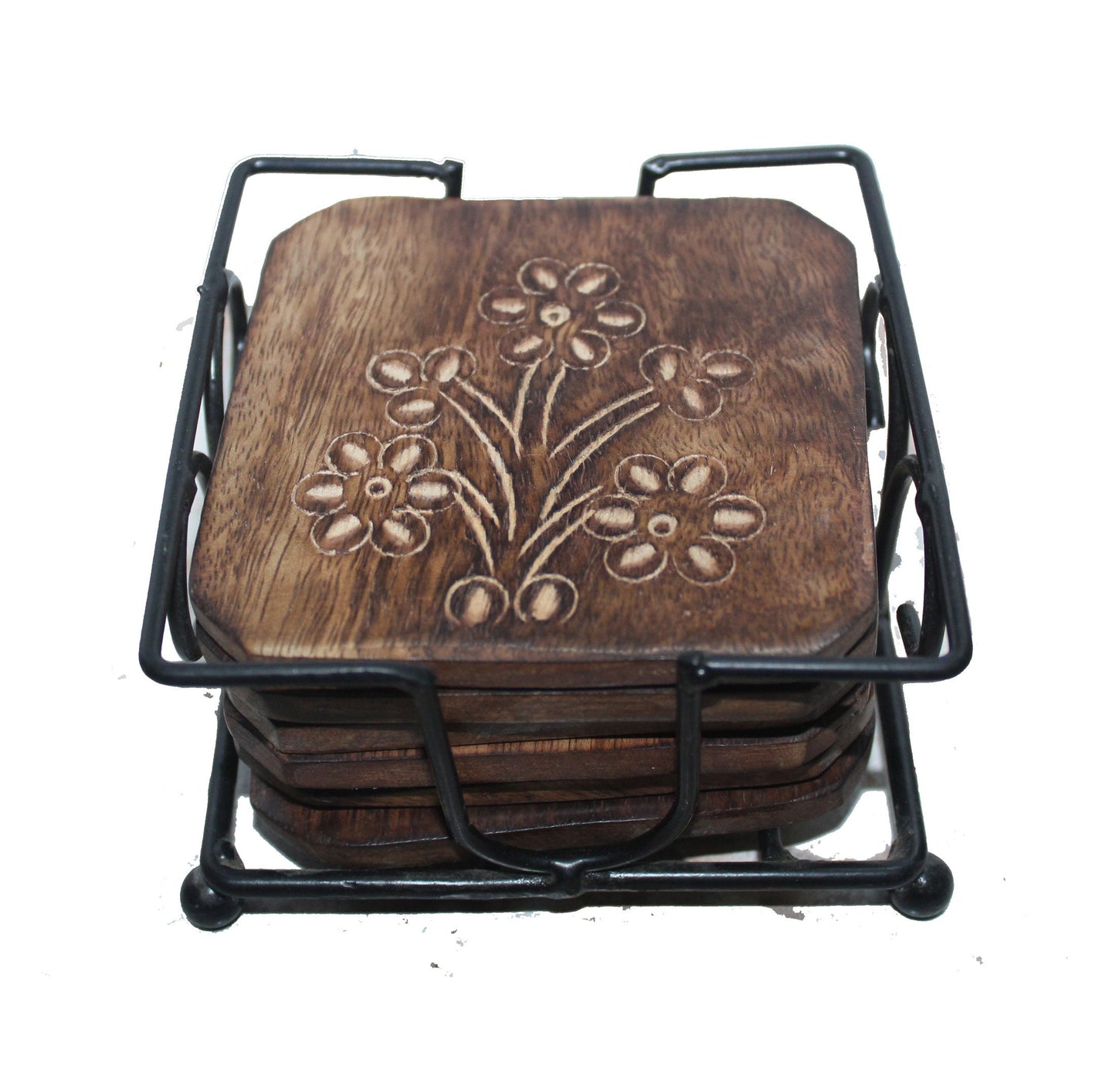 Iron wood Coaster set of 6, handmade carved coaster with metal Stand
