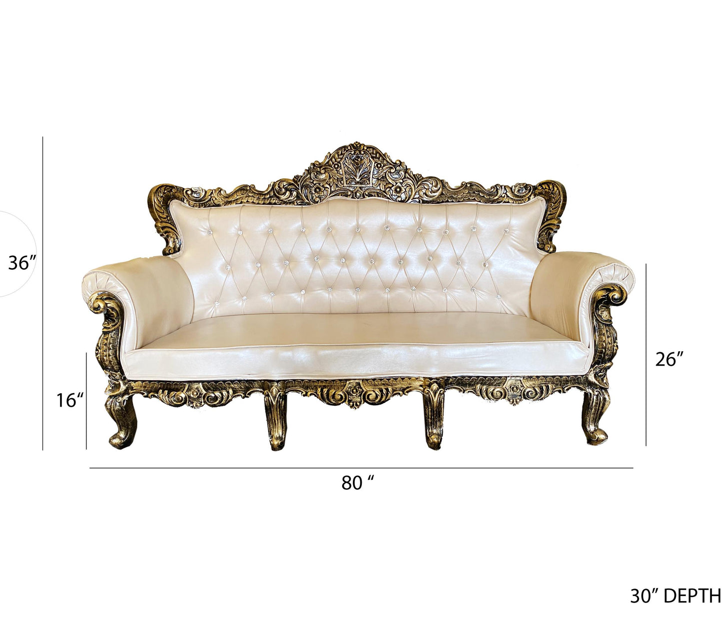 Hand Carved Louis XVI Sofa: Rustic Gold Teak, Cream Upholstery