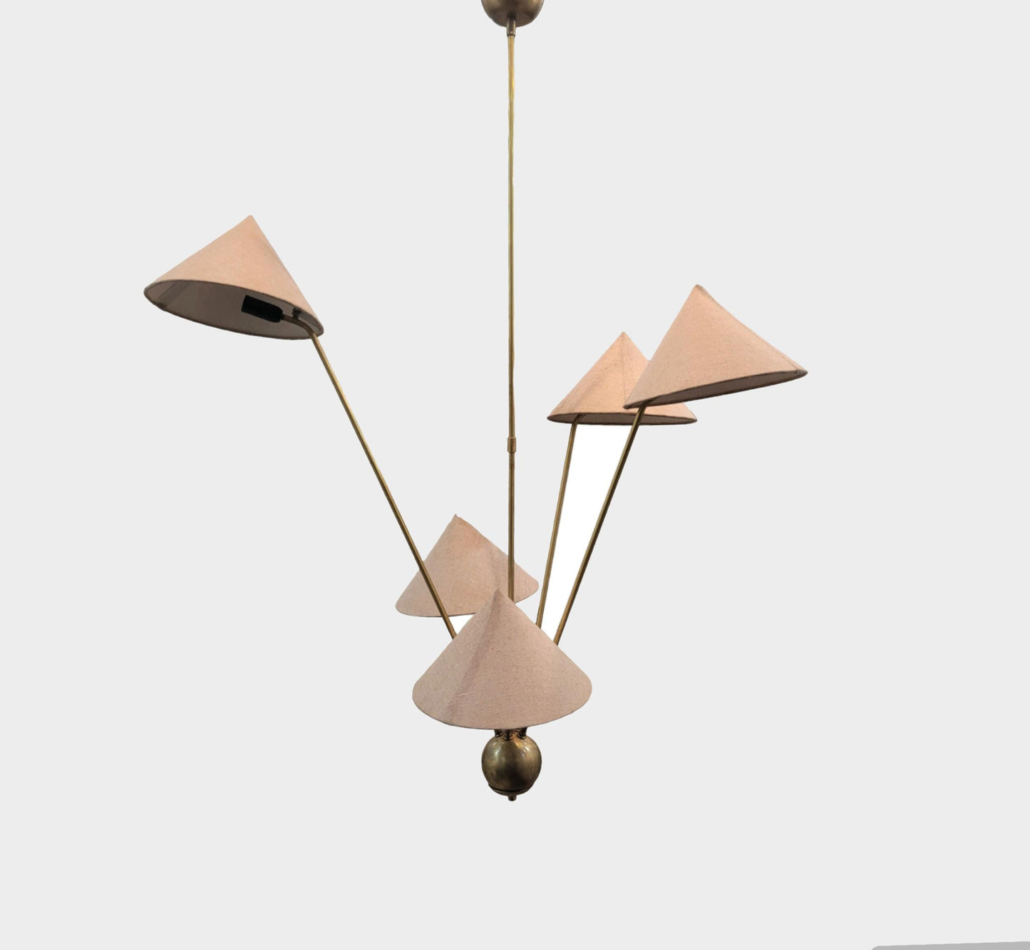 Raw Brass Mid-Century Chandelier: 5 Fabric Shade Ceiling Light