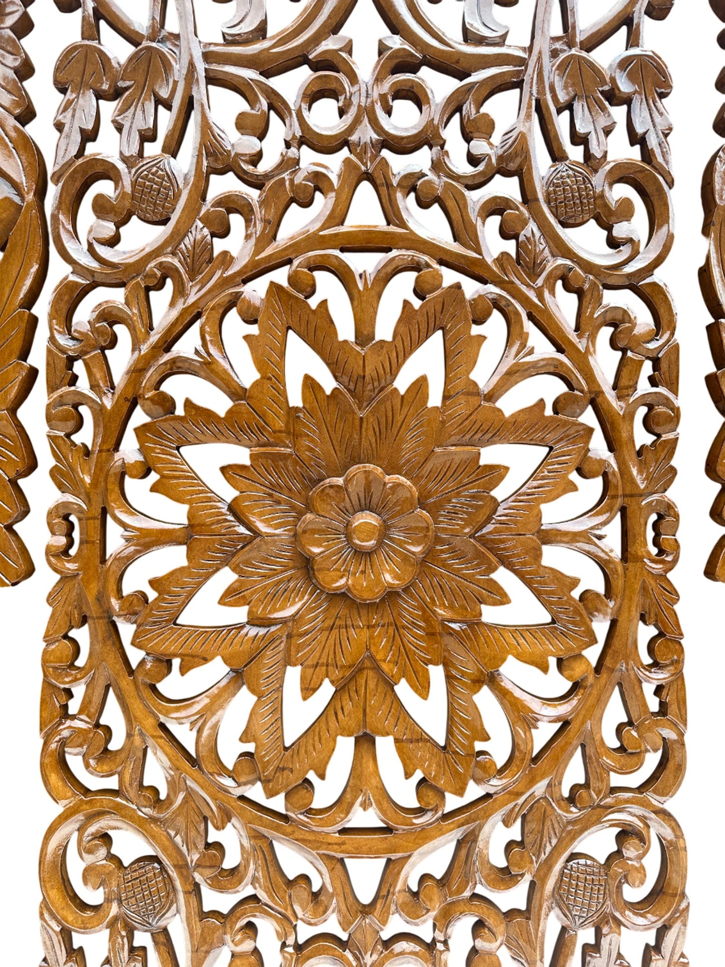 Hand Carved Wood Peacock & Flower Wall Decor - 7 ft Brown Hanging Fixture