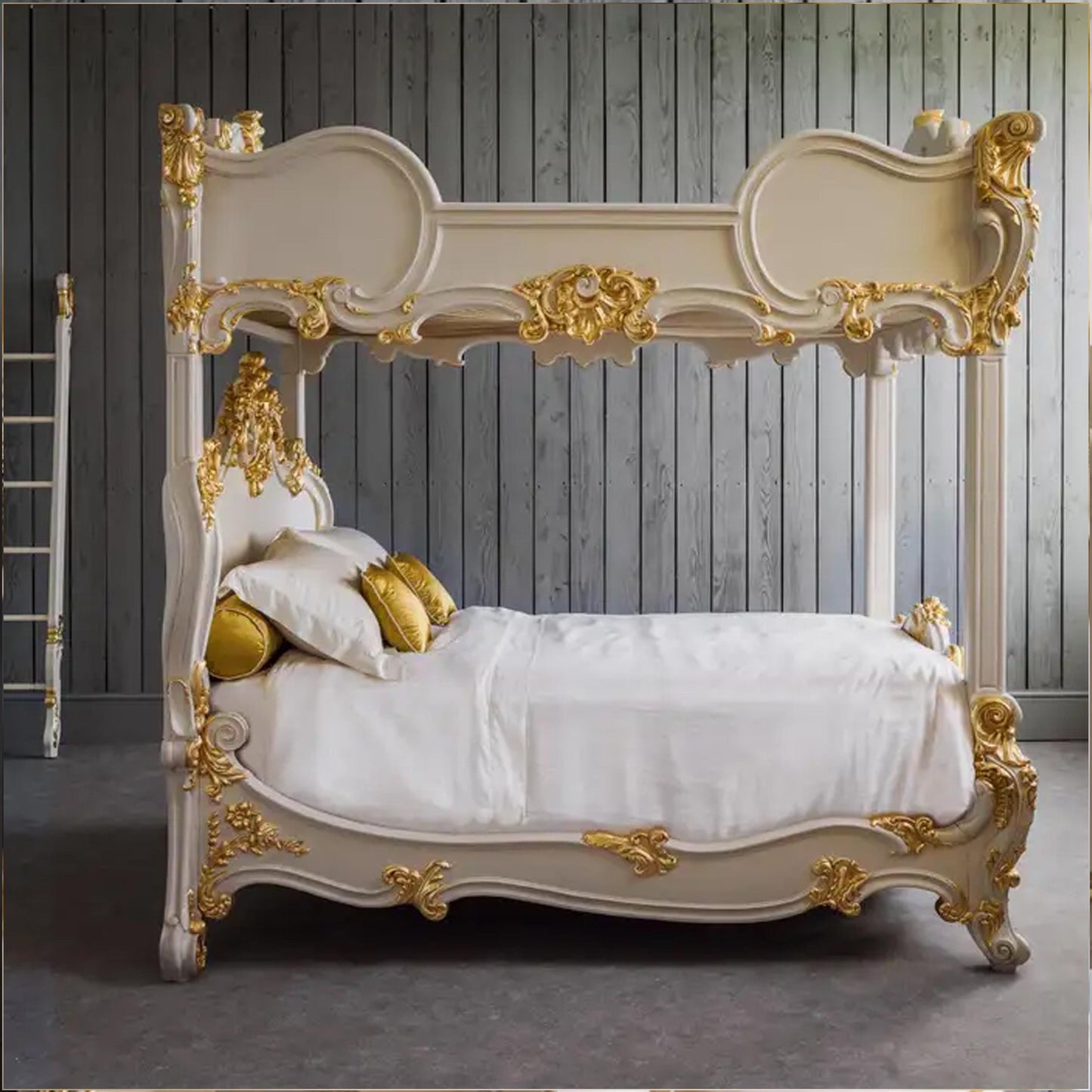 Handmade Rococo Style Four Poster Bed: Gold Gilt Wood Frame