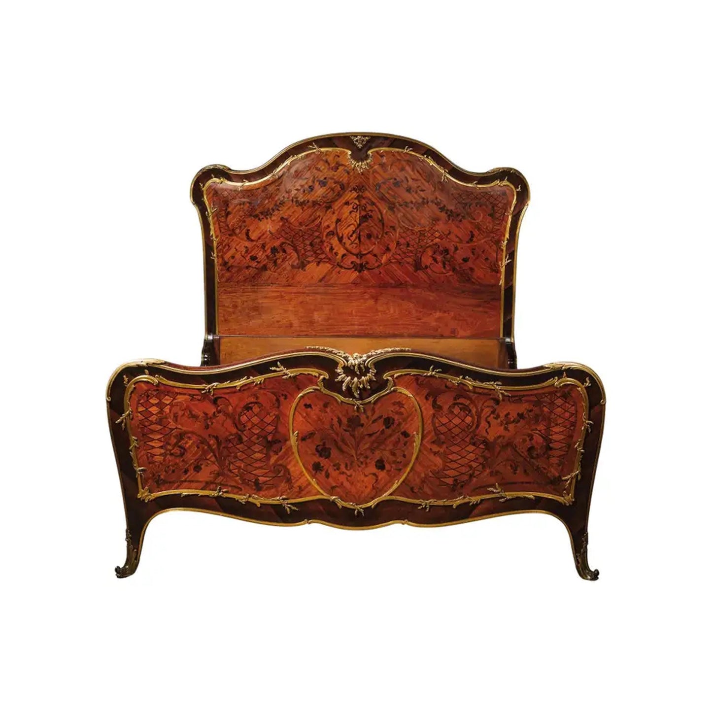 Handmade Marquetry Mahogany King Bed: Gilt Bronze Rococo Style
