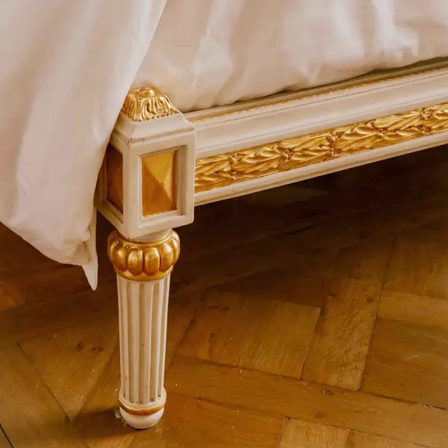 Hand carved Rosace Bed, King Hand Carved in the Louis XVI Style Rattan cane Bohemian Rococo Style gold leaf Bed Frame