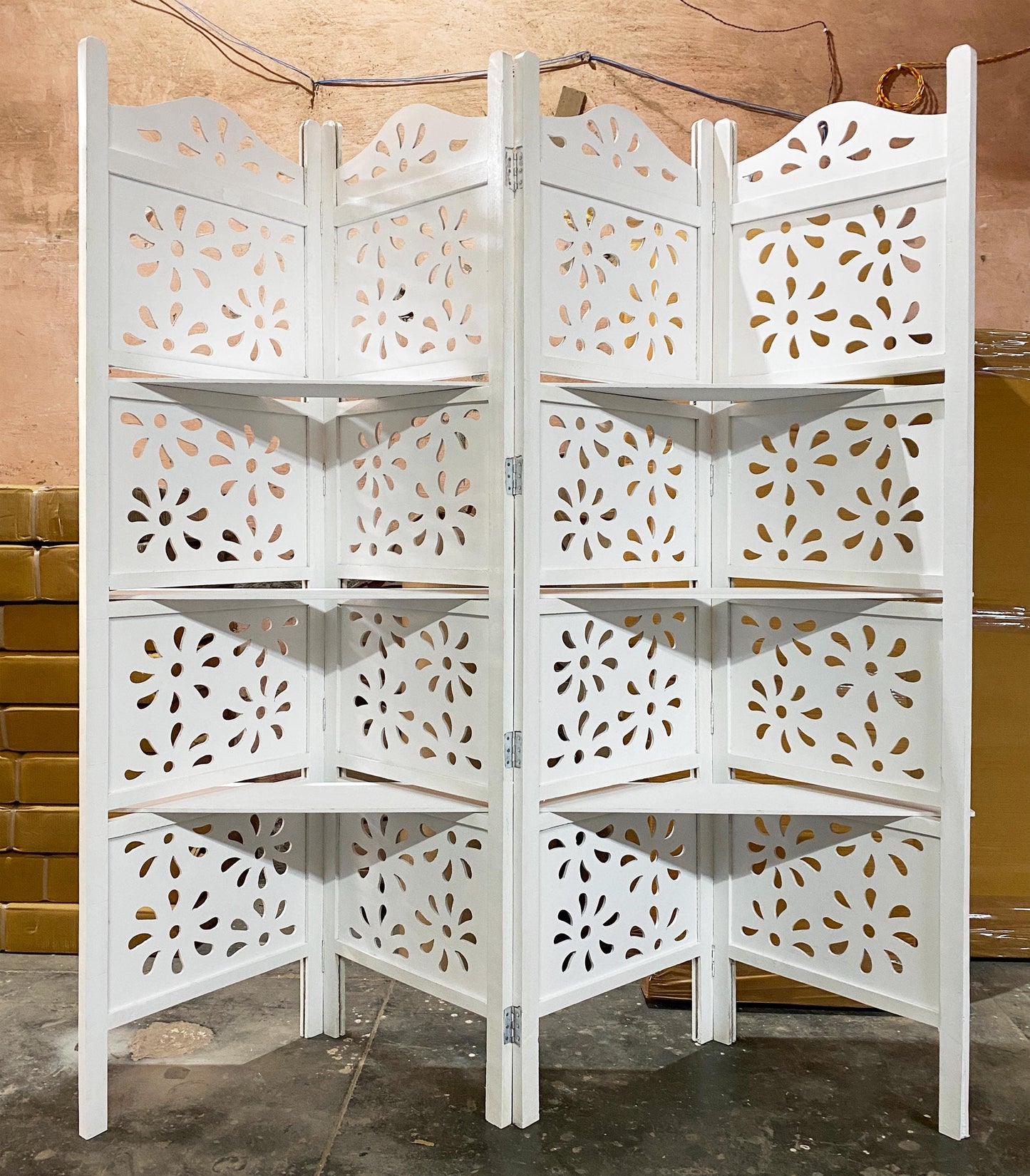 Handmade White Wooden Folding Room Divider with Shelves