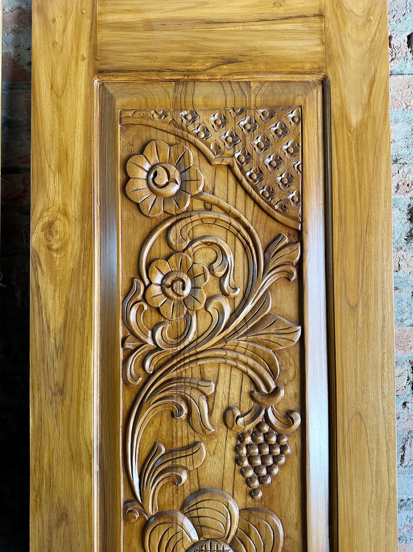 Hand Carved Teak Wood Door: Floral Wall Panel, Custom Size