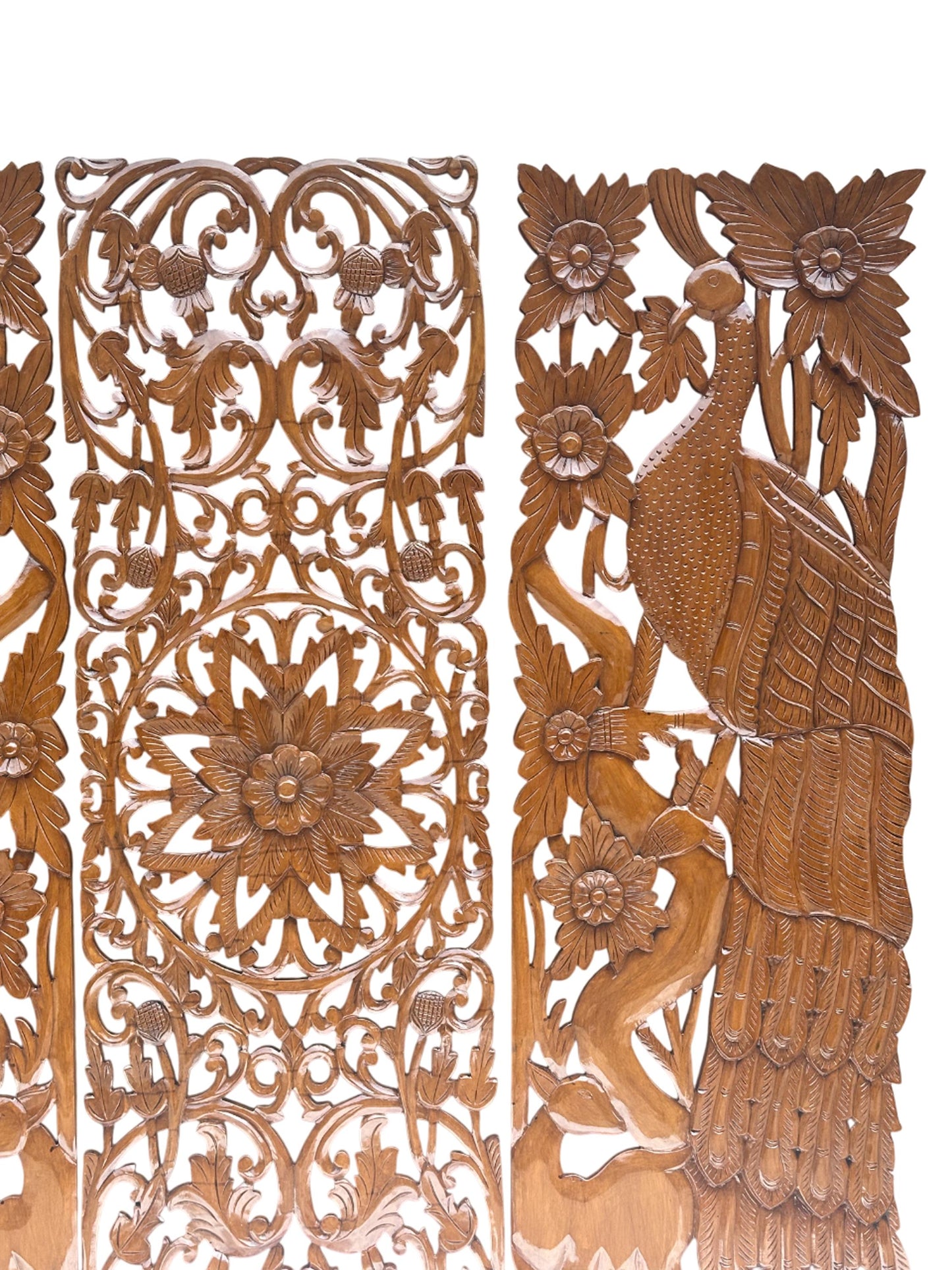 Hand Carved Wood Peacock & Flower Wall Decor - 7 ft Brown Hanging Fixture