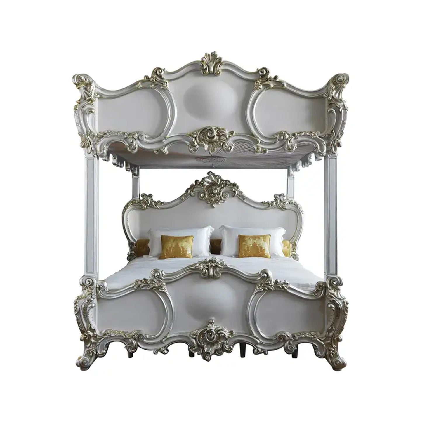 Hand Carved Rococo Style Bed Frame: Silver Gilt Wood, Four Poster