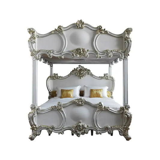 Hand Carved Rococo Style Bed Frame: Silver Gilt Wood, Four Poster