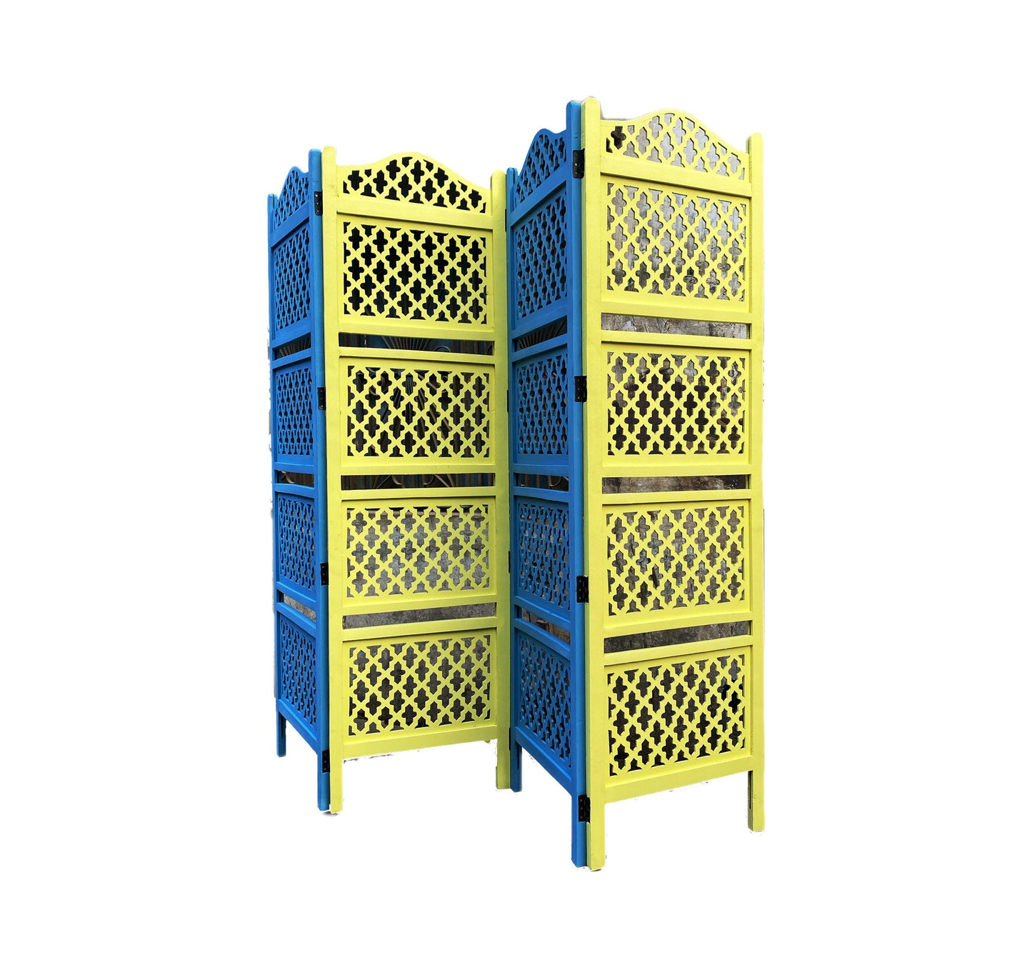 Mid Century Mesh Design Wooden Divider Folding partition, yellow/Blue Self standing divider