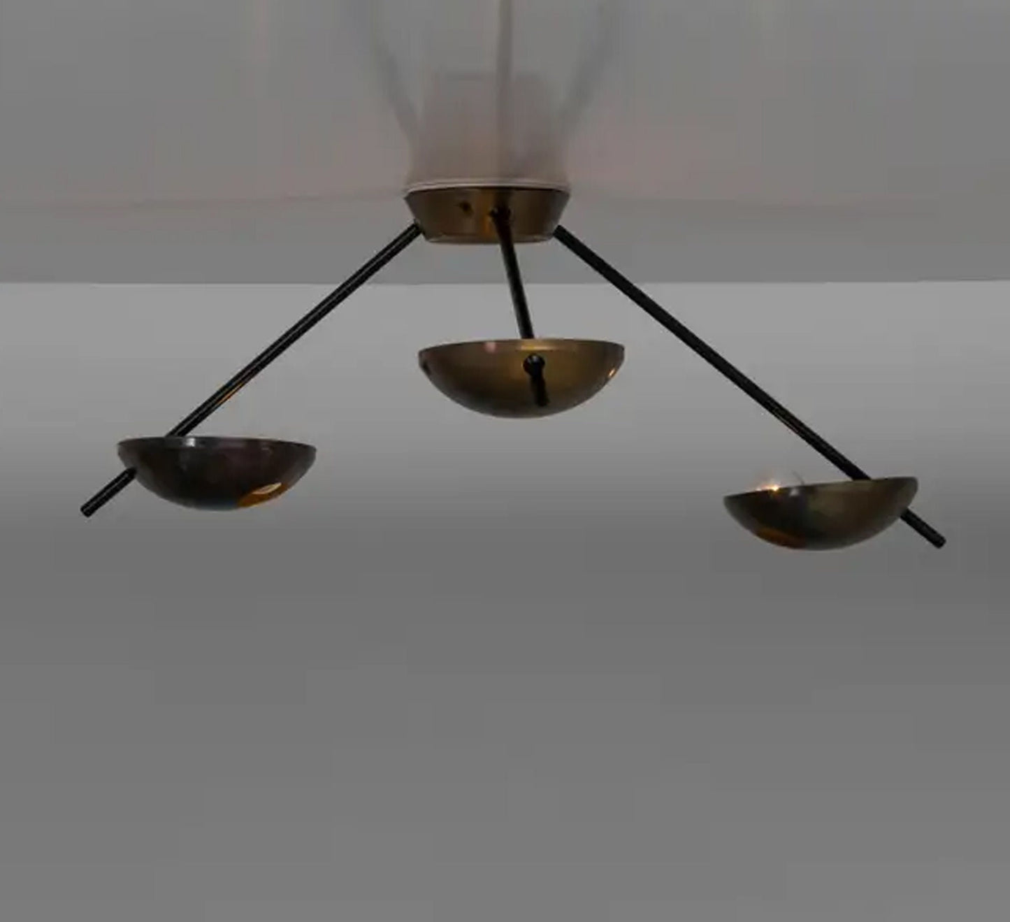 Mid century 3 Light Flush Mount, Antique Brass Italian design ceiling light fixture