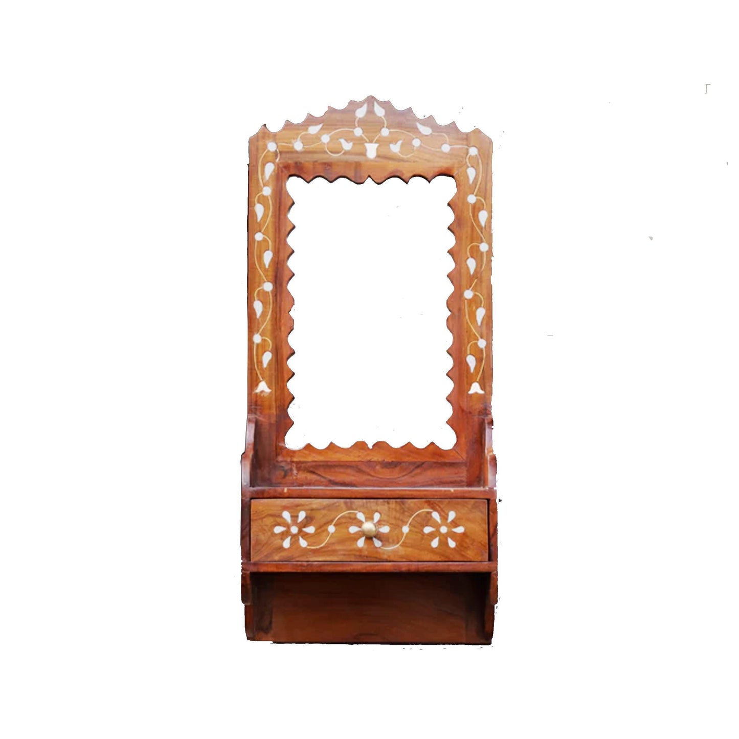 Hand Painted Wood Wall Hanging Mirror with Shelf: Mid-Century Decor