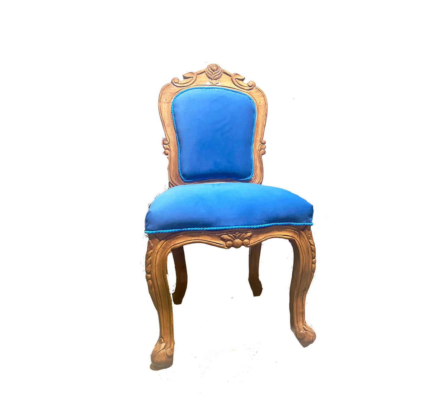 Hand Carved Rococo Style Dining Chair: Blue Tufted Cushion