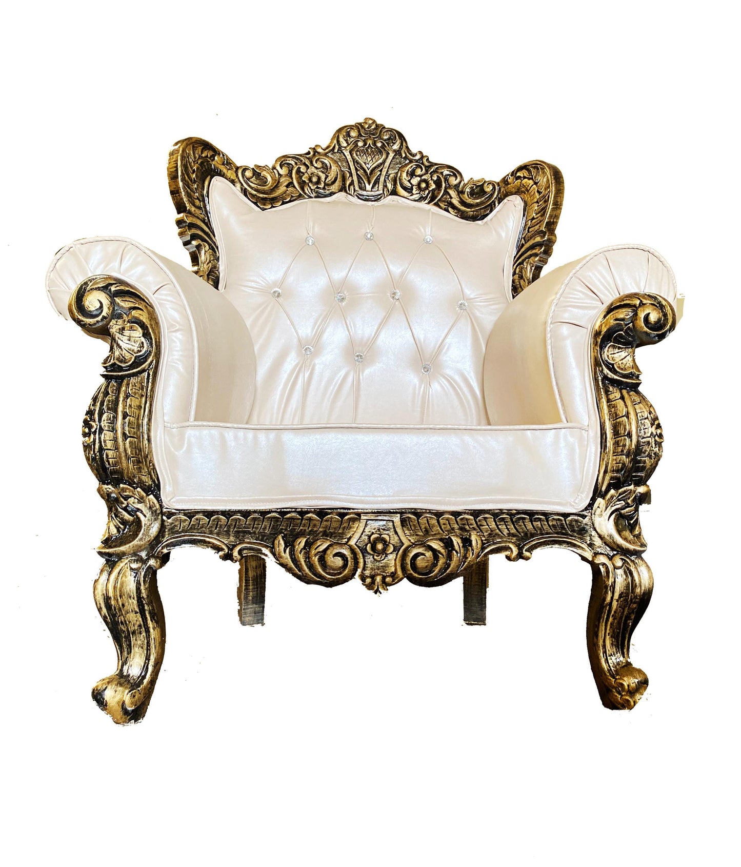 Hand Carved Louis XVI Sofa: Rustic Gold Teak, Cream Upholstery
