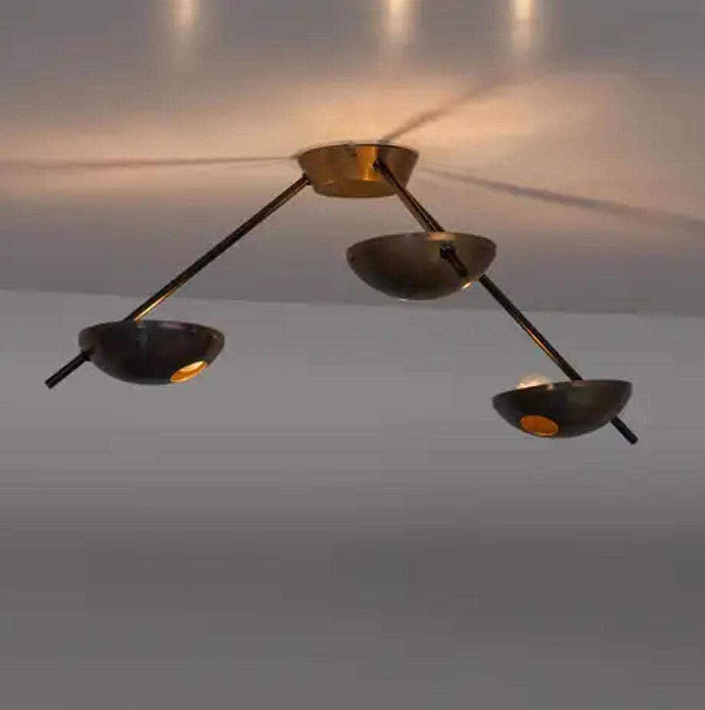 Mid century 3 Light Flush Mount, Antique Brass Italian design ceiling light fixture