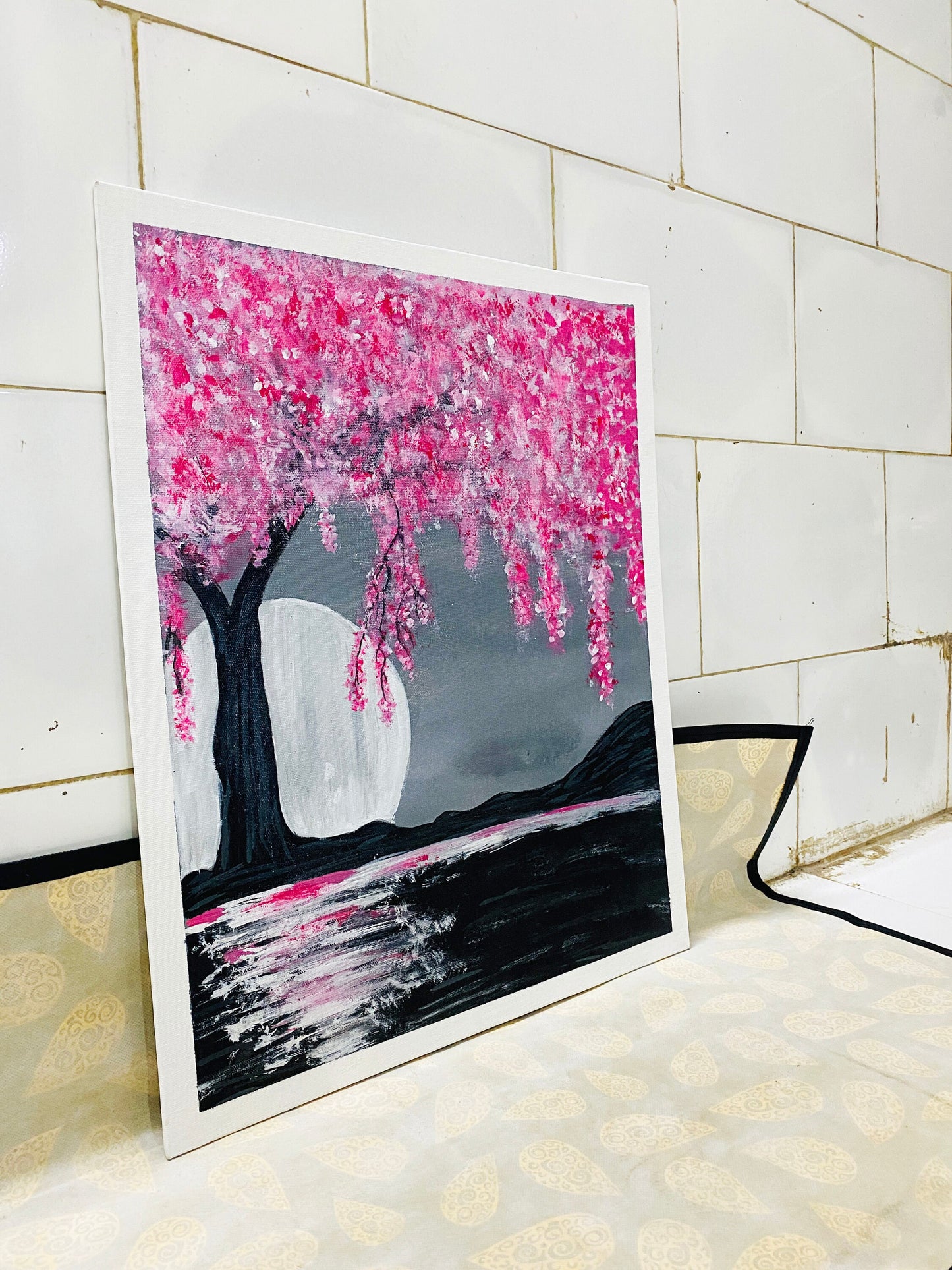 Hand Painted Full Moon With Aglaonema Tree Painting on canvas, Wall décor for home and office