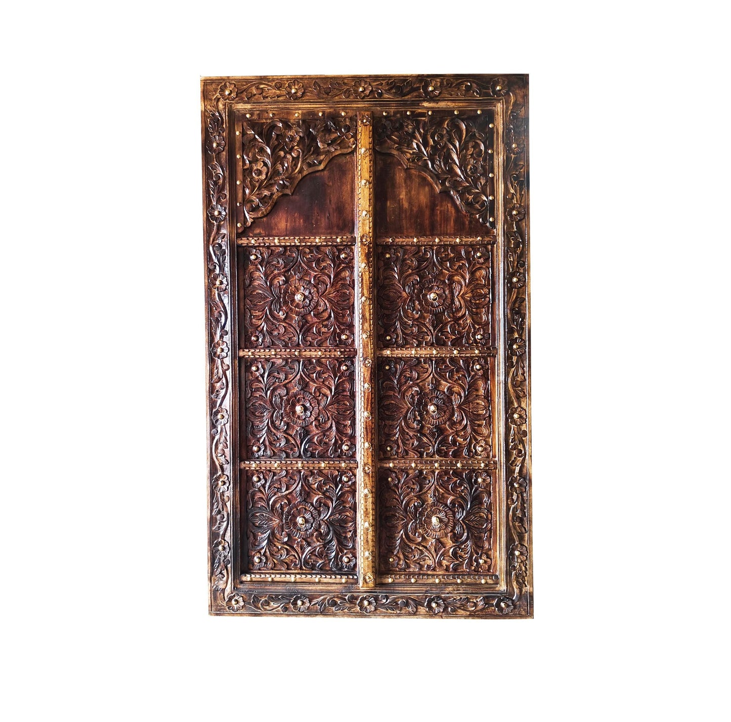 Hand Carved Wood Door Panel: Antique Brown Wall Decor