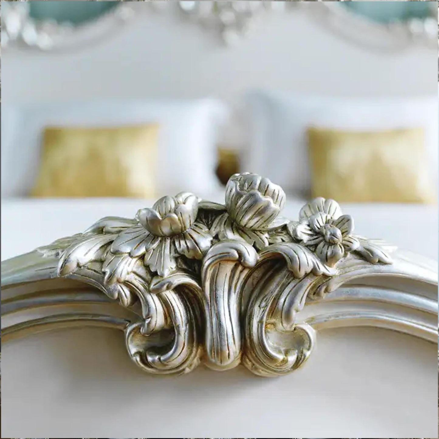 Hand Carved Rococo Style Bed Frame: Silver Gilt Wood, Four Poster