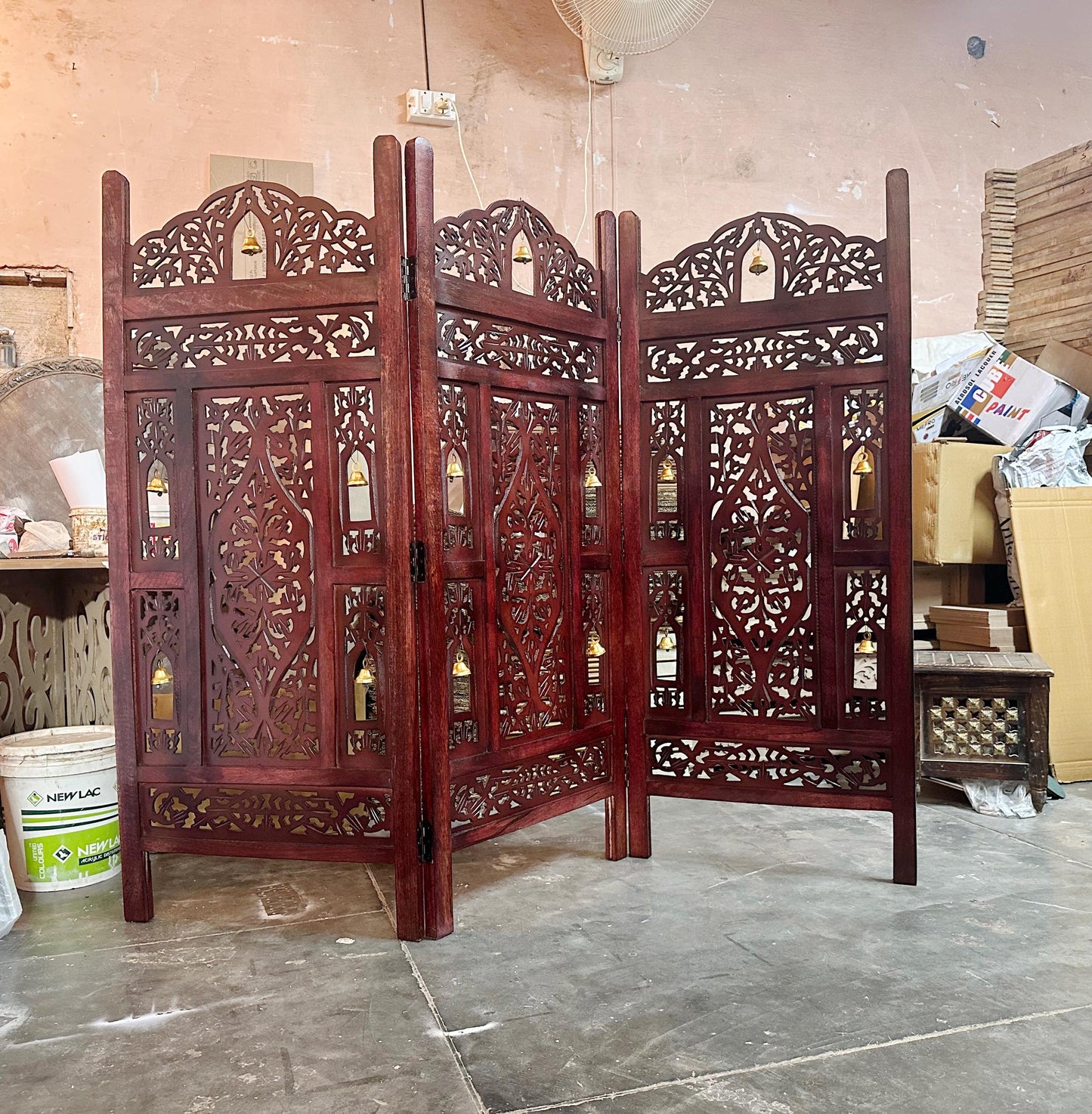 Mesh and Bell Style Wooden Folding Divider, Partition, Handmade Self standing separator