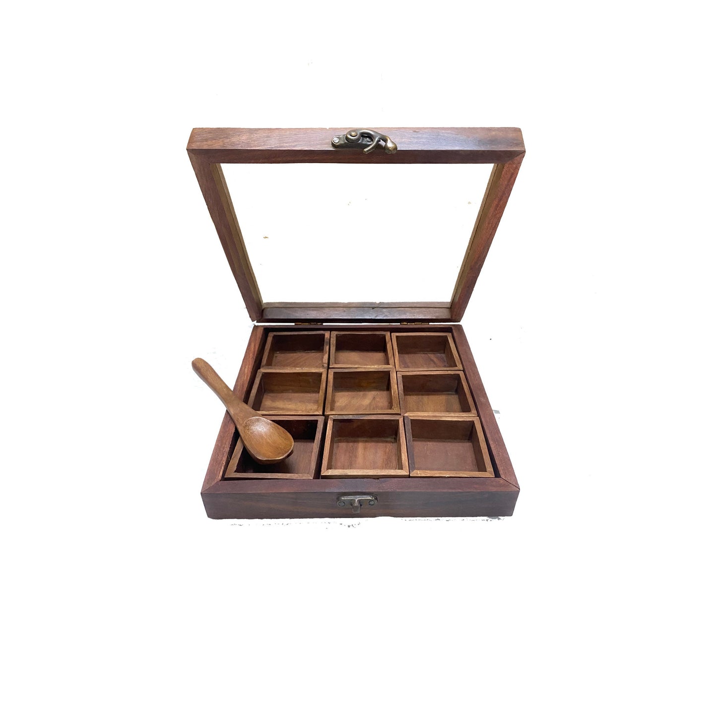 Handmade Table top box, Wooden Spice 9 container set with spoon