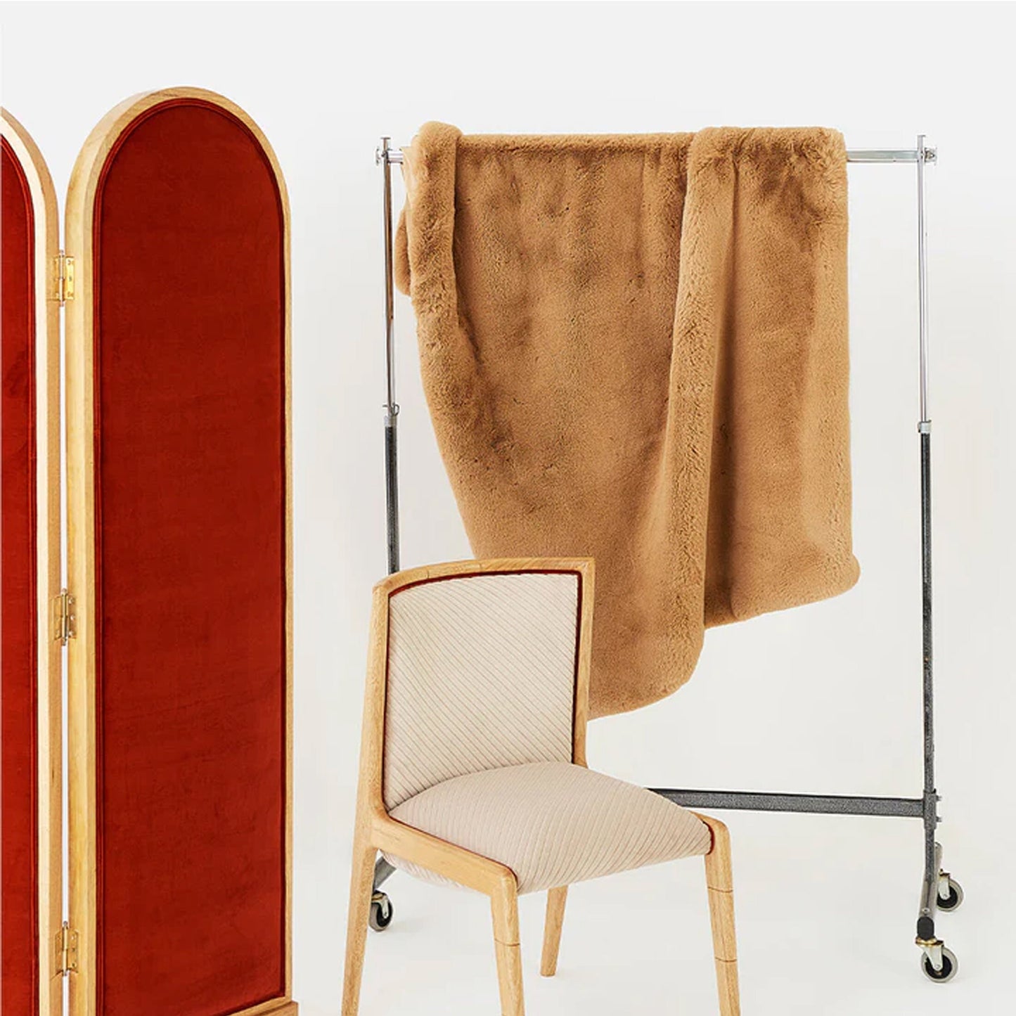 Mid-Century Handmade Wooden divider Red Velvet Fabric Stitching, Wood partition home décor