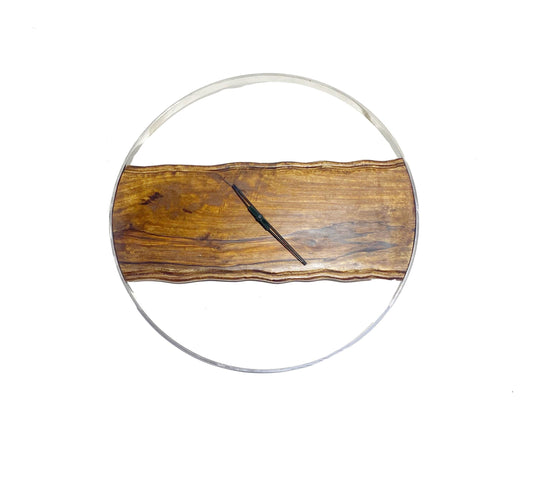 Handmade Mid-Century Modern Wooden Wall Clock with Chrome Ring