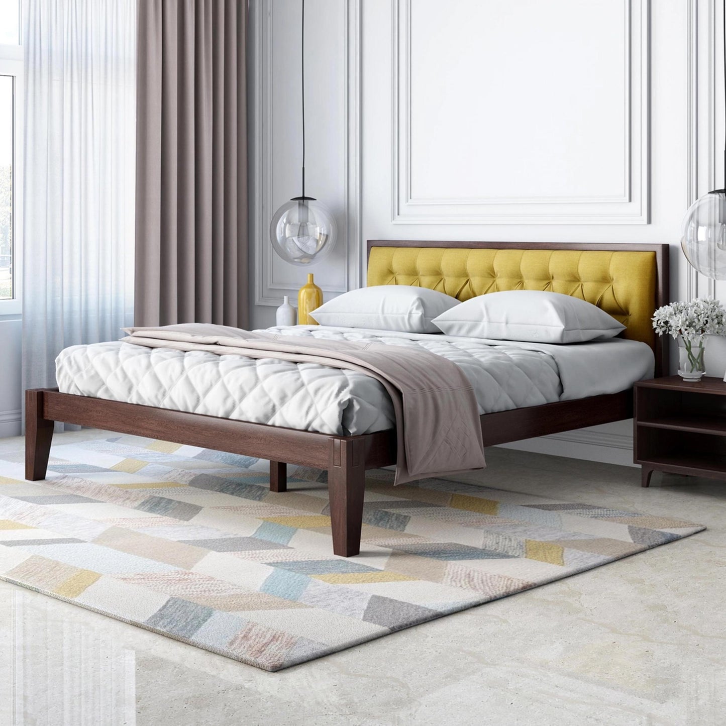Tufted Upholstered Bed Frame: Solid Wood, Dark Oak Finish, Bohemian Style