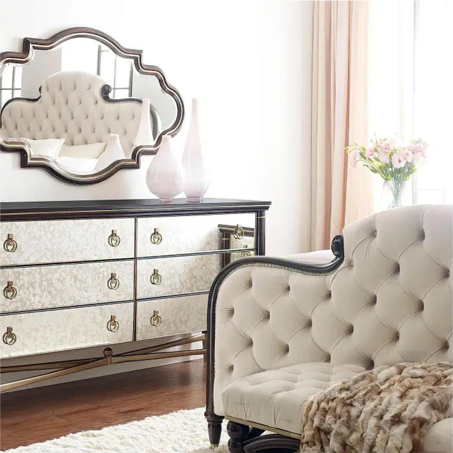 Handmade Tufted King Size Bed Frame: English Regency Low Post Bohemian Style