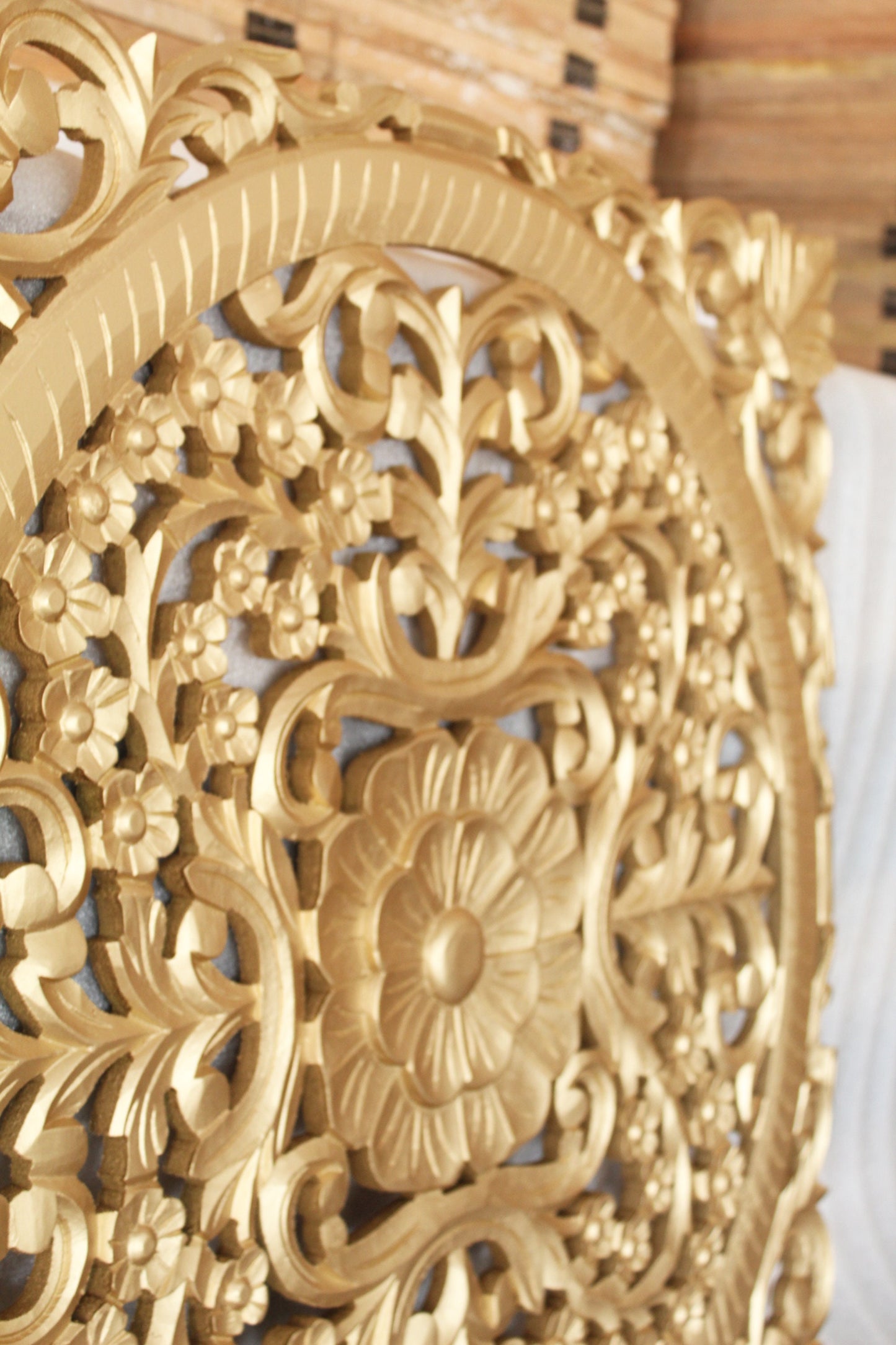 Mid century Gold Wooden Hanging Fixture, Handmade Large Carving Wall décor, mandola Arts