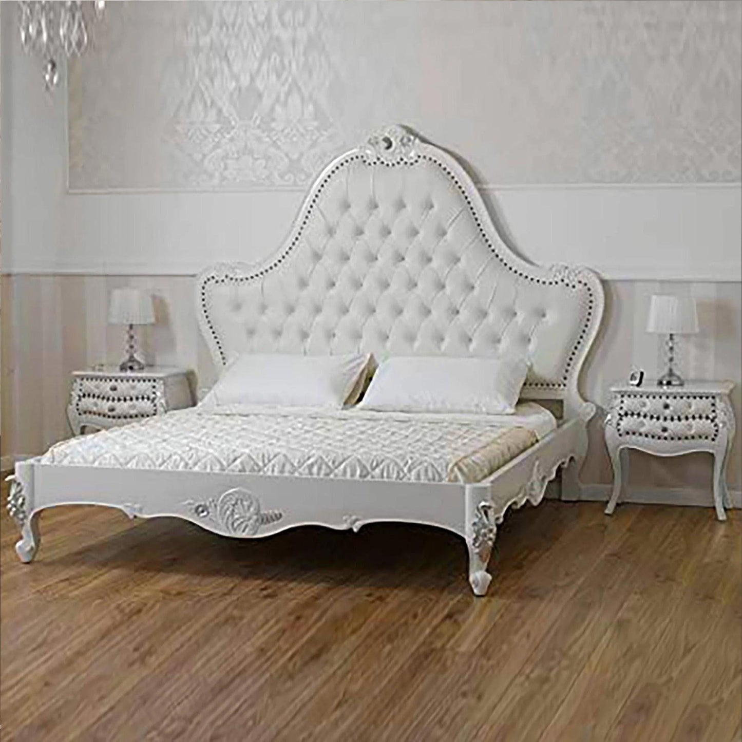 Louis XV Style Bed Frame: White & Silver Giltwood, Tufted Headboard