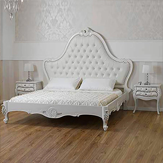 Louis XV Style Bed Frame: White & Silver Giltwood, Tufted Headboard
