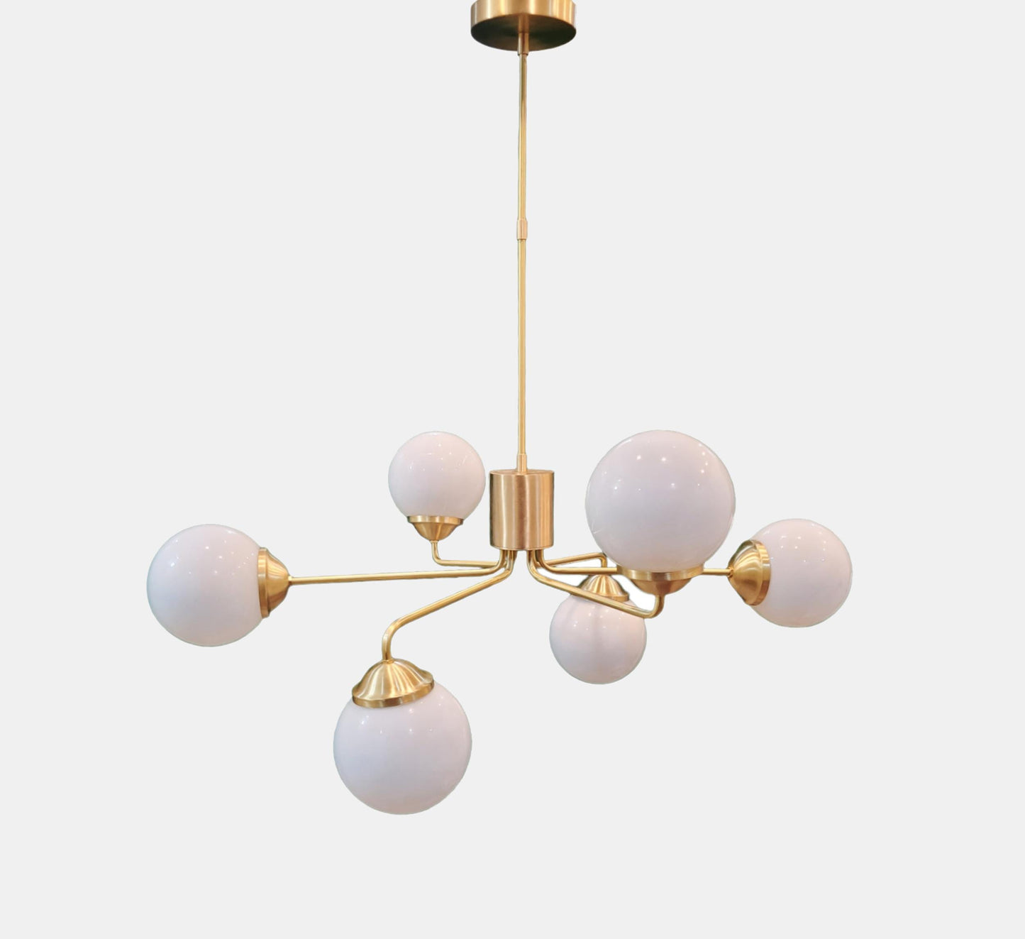 Opal Globe Sputnik Chandelier: Raw Brass Mid Century Modern Light