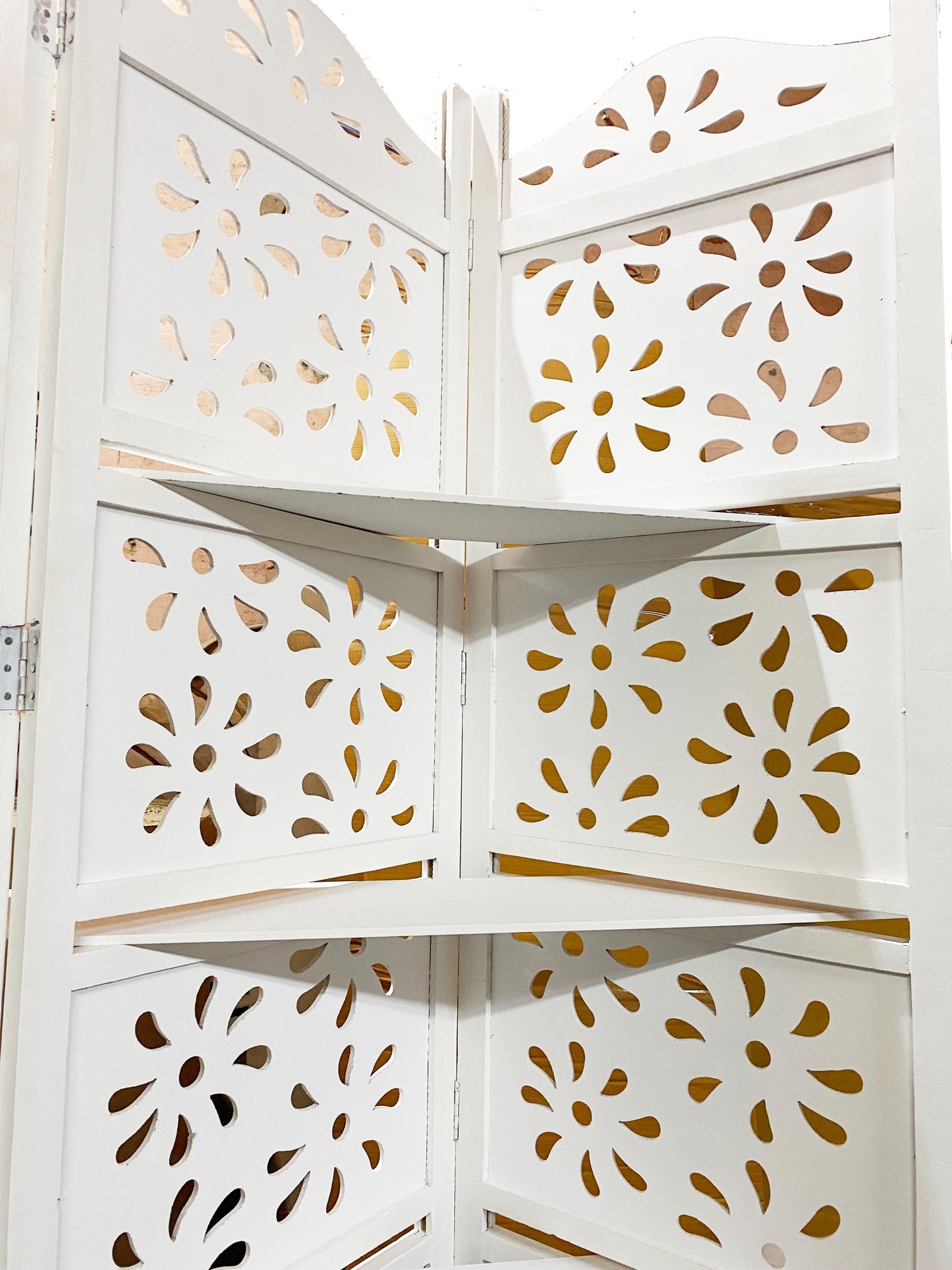 Handmade White Wooden Folding Room Divider with Shelves