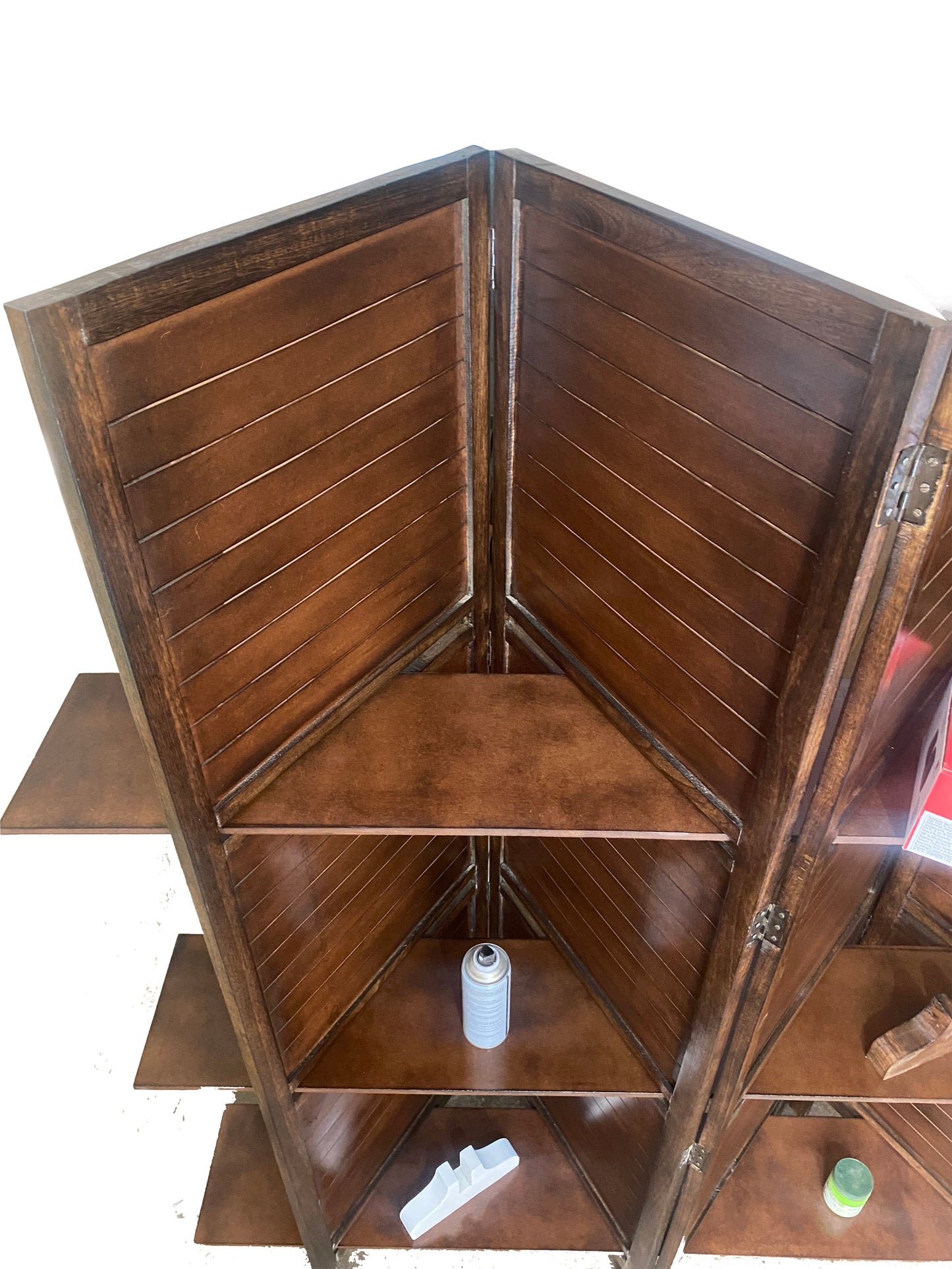 Handmade Wooden Folding Partition with Shelves: Brown Room Divider