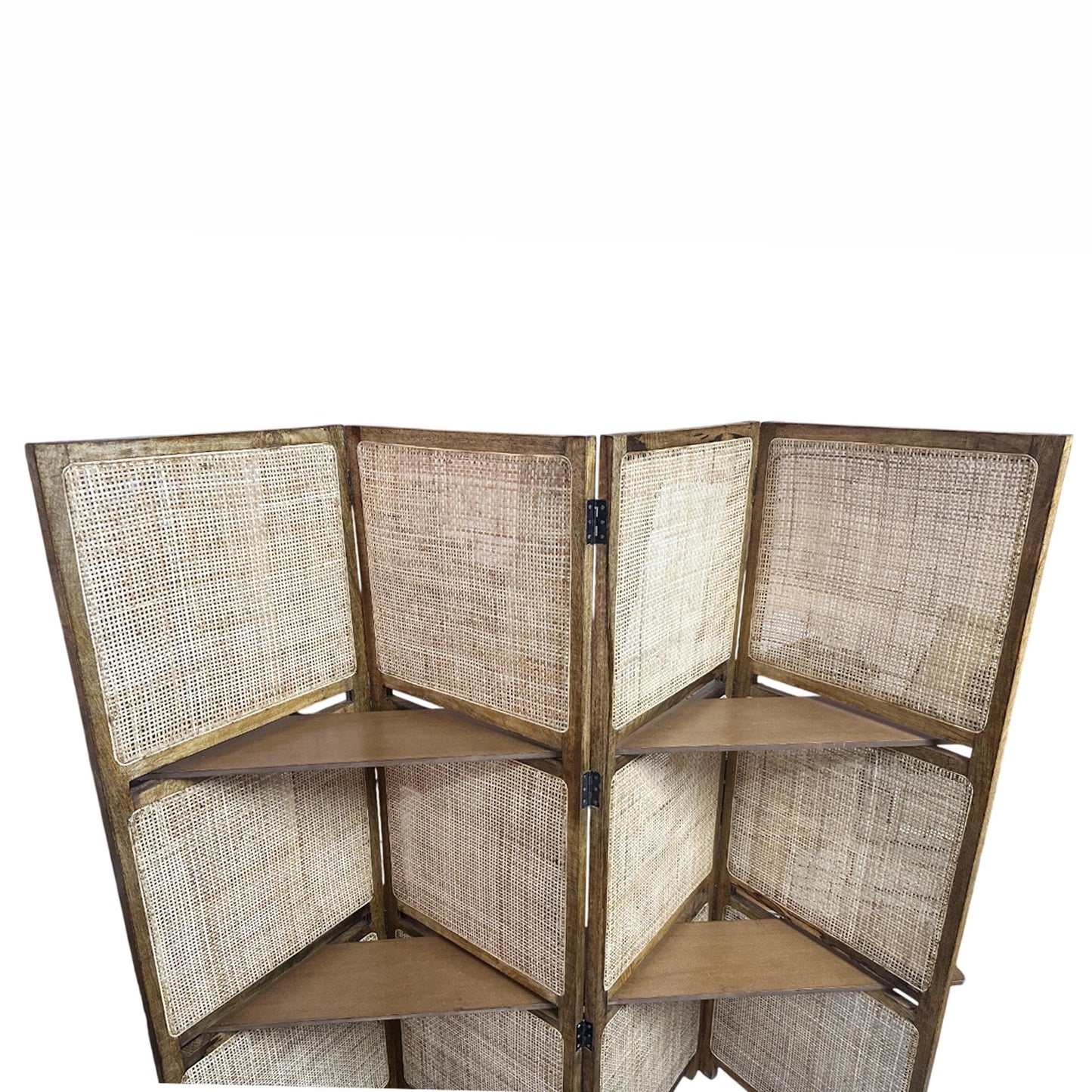 Natural Rattan cane Room partition Screen with shelf , Folding Divider, Mid-century Separator shelf organiser