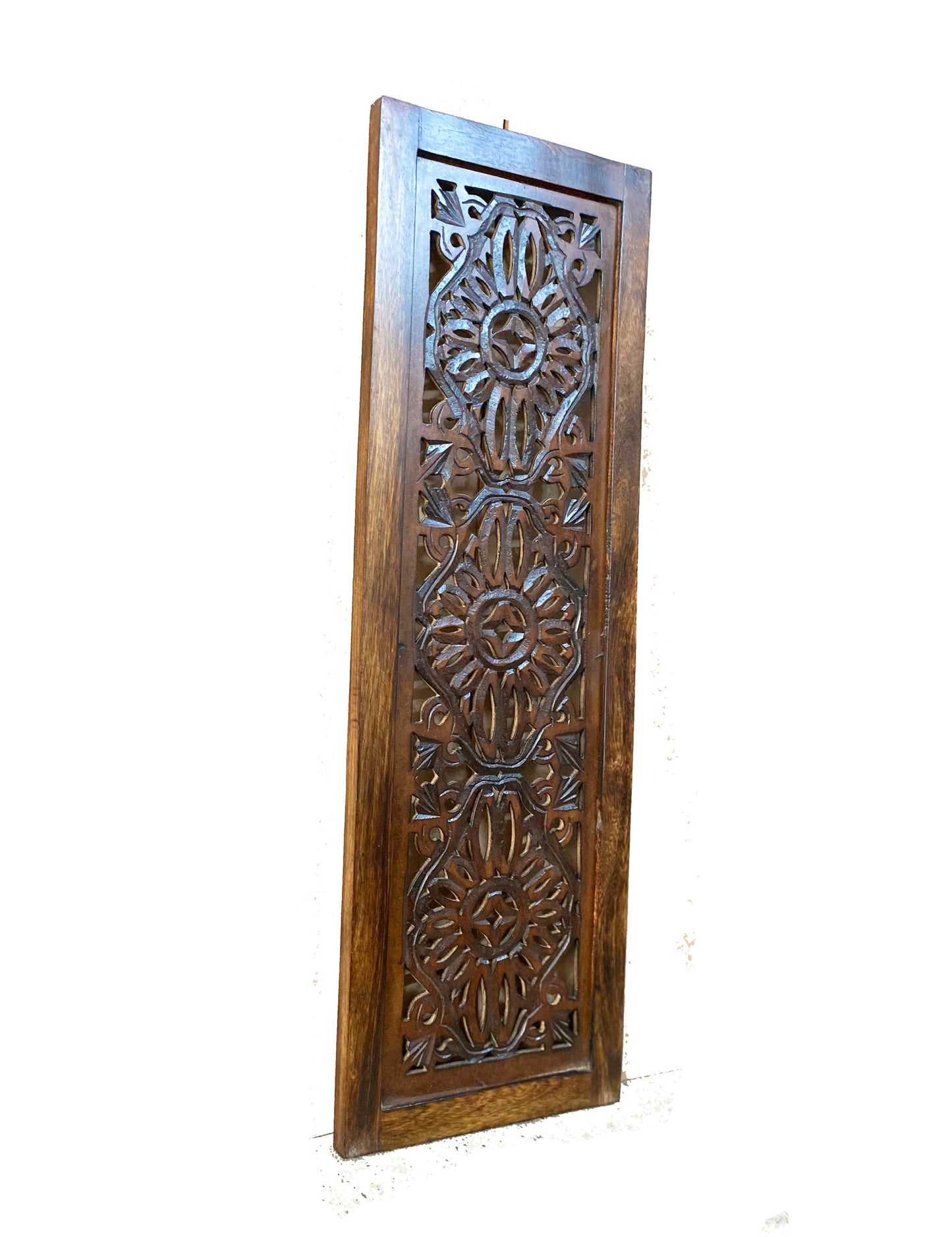 2 pcs Mid century Brown Flower carving design Wall Panel Hanging Mandola art fixture
