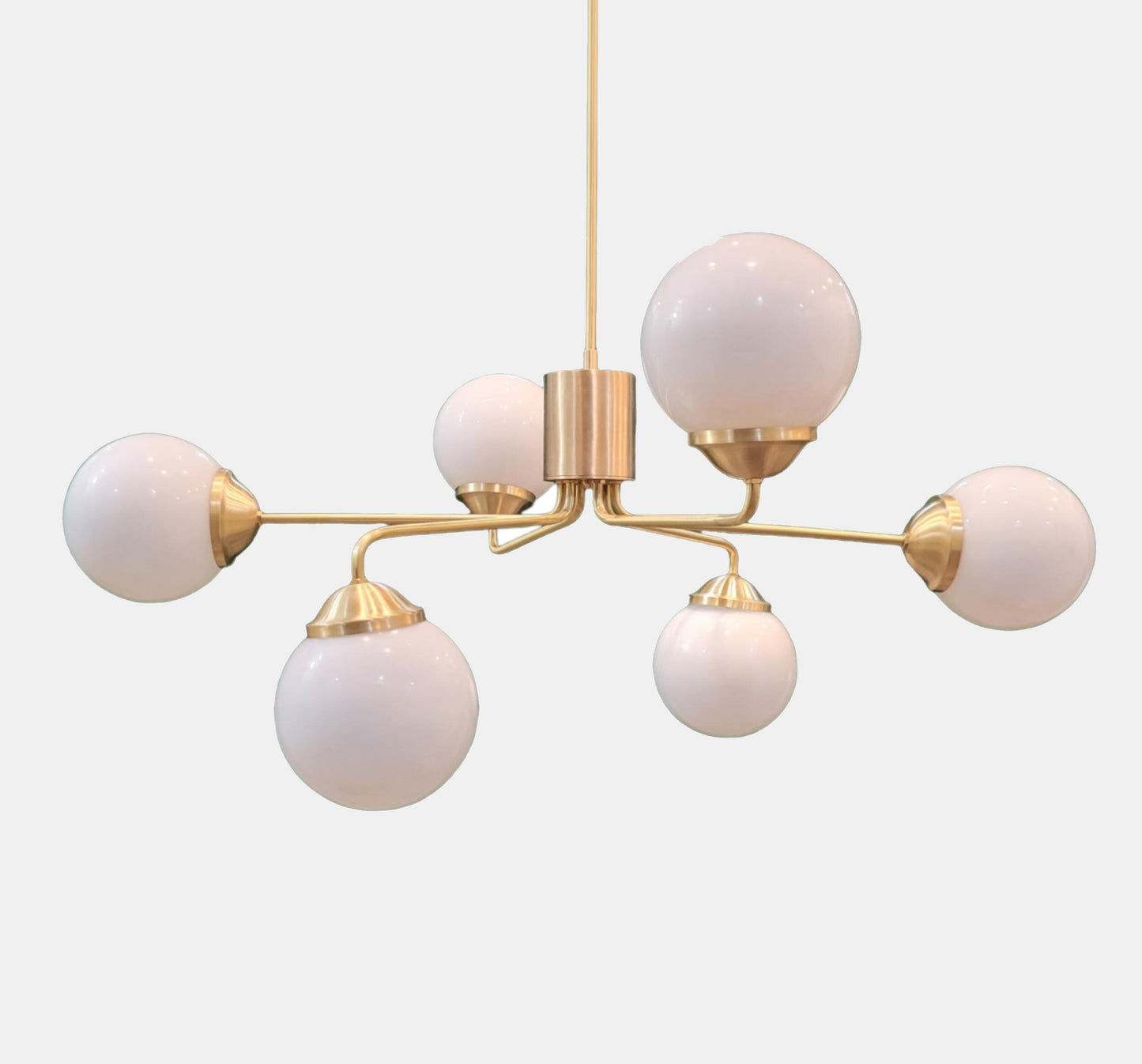 Opal Globe Sputnik Chandelier: Raw Brass Mid Century Modern Light