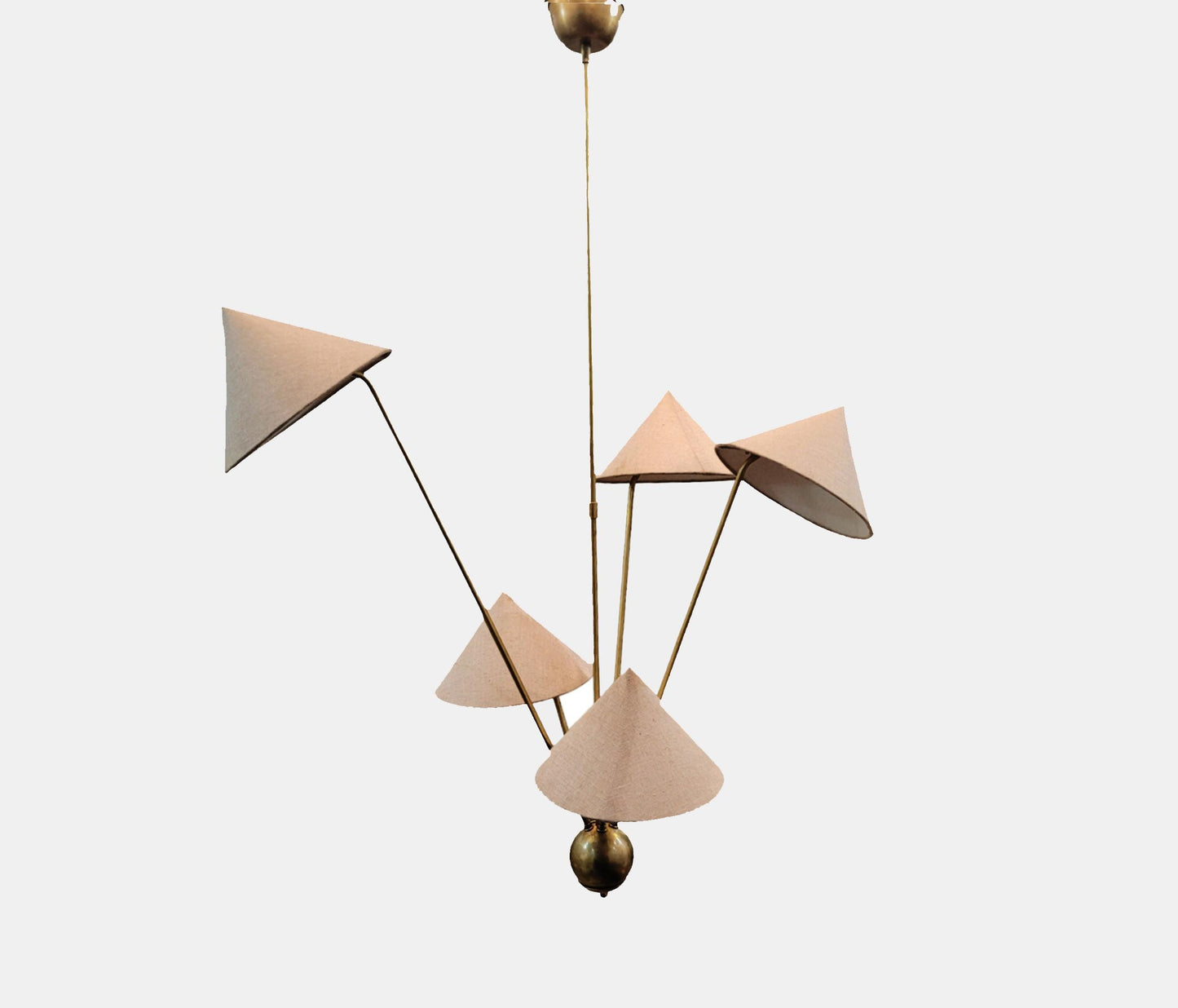 Raw Brass Mid-Century Chandelier: 5 Fabric Shade Ceiling Light