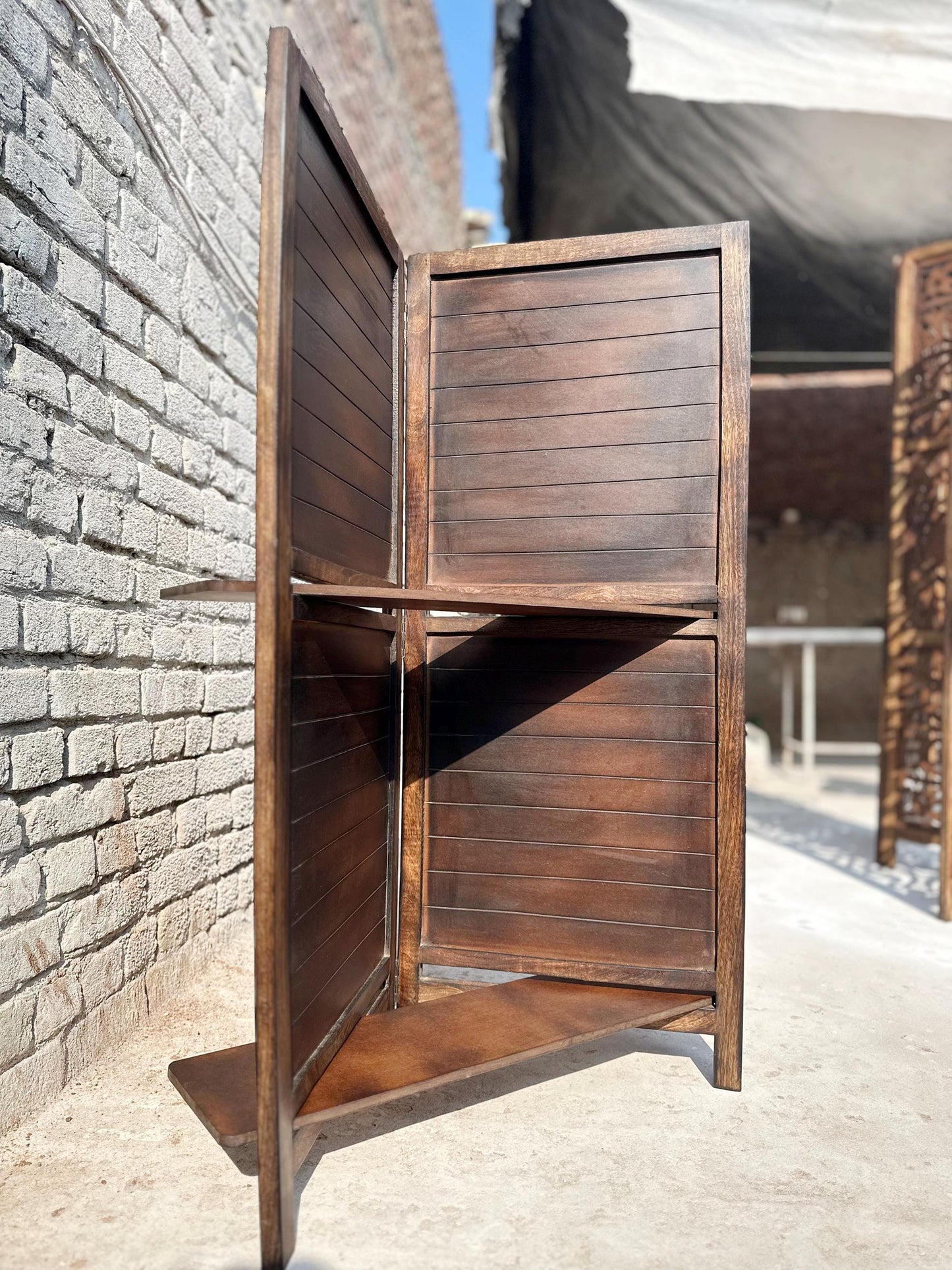Mid Century Folding Partition with Shelf: Handmade Wooden Room Divider
