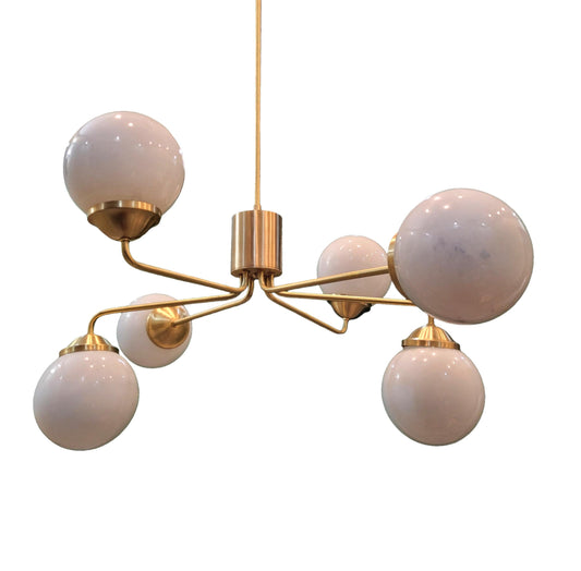 Opal Globe Sputnik Chandelier: Raw Brass Mid Century Modern Light