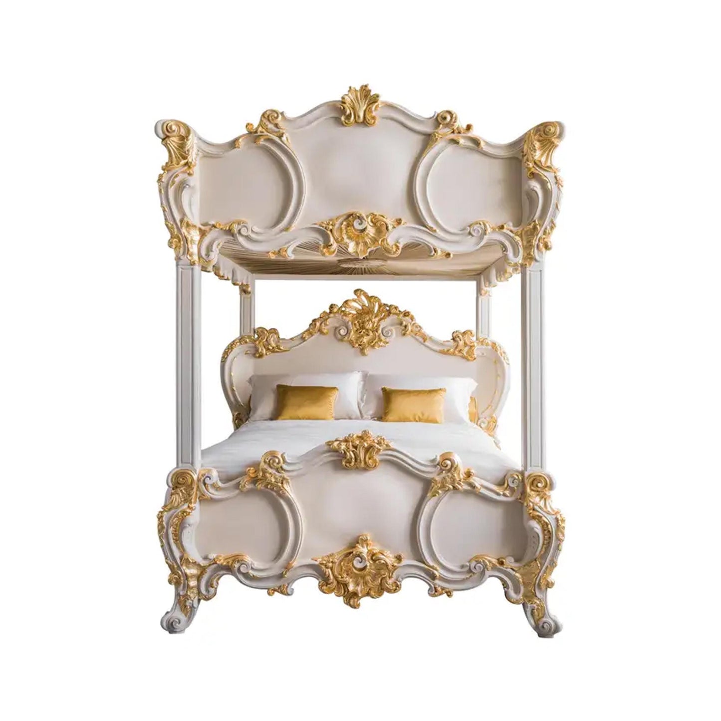 Handmade Rococo Style Four Poster Bed: Gold Gilt Wood Frame