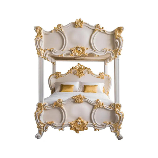 Handmade Rococo Style Four Poster Bed: Gold Gilt Wood Frame