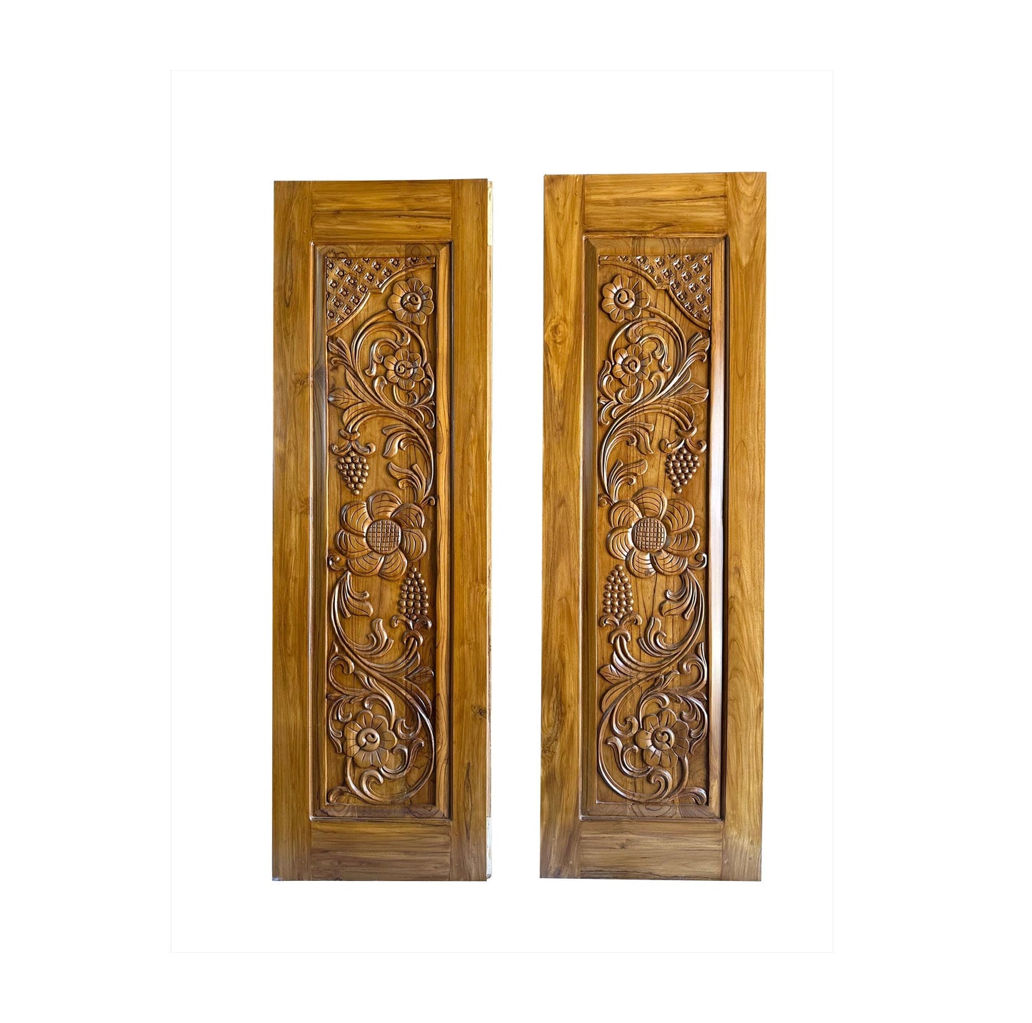 Hand Carved Teak Wood Door: Floral Wall Panel, Custom Size