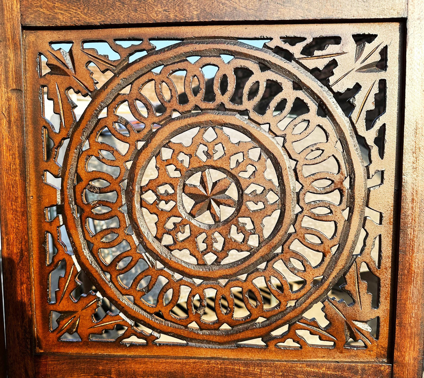 Mid-Century Modern Brown Wood Folding Room Divider: Carved Design