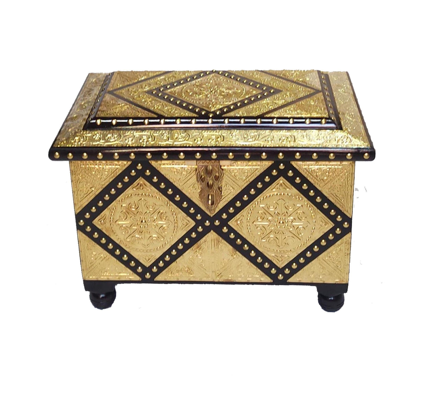 Handmade Wooden Treasure Chest: Hand Carved Brass Decor Storage Trunk