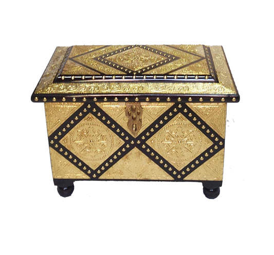 Handmade Wooden Treasure Chest: Hand Carved Brass Decor Storage Trunk